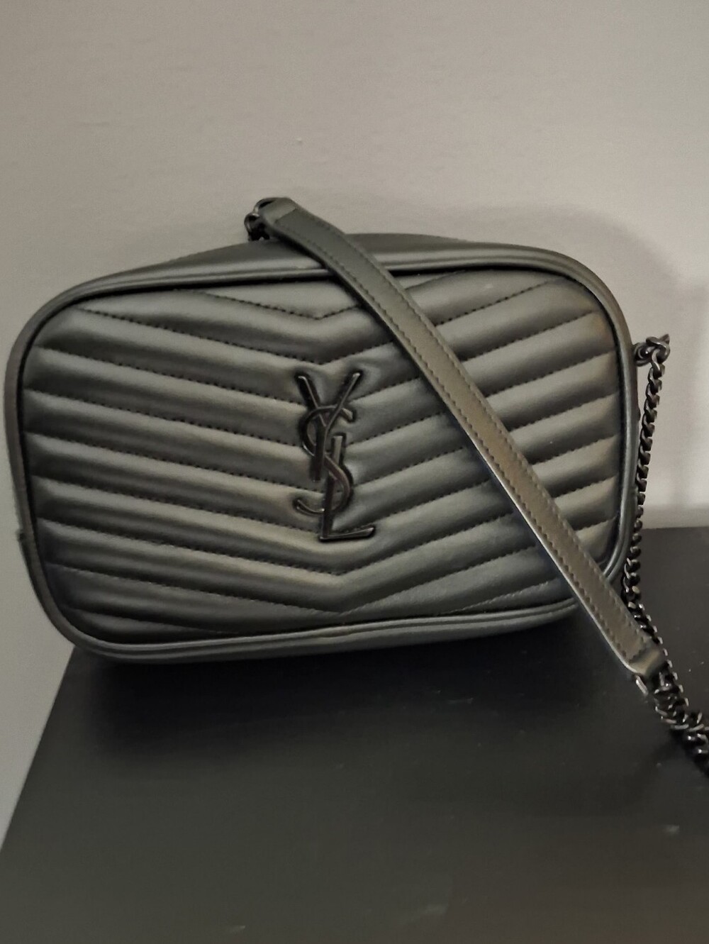YSL Smooth Calfskin Black Chevron Quilted Mini Camera Crossbody